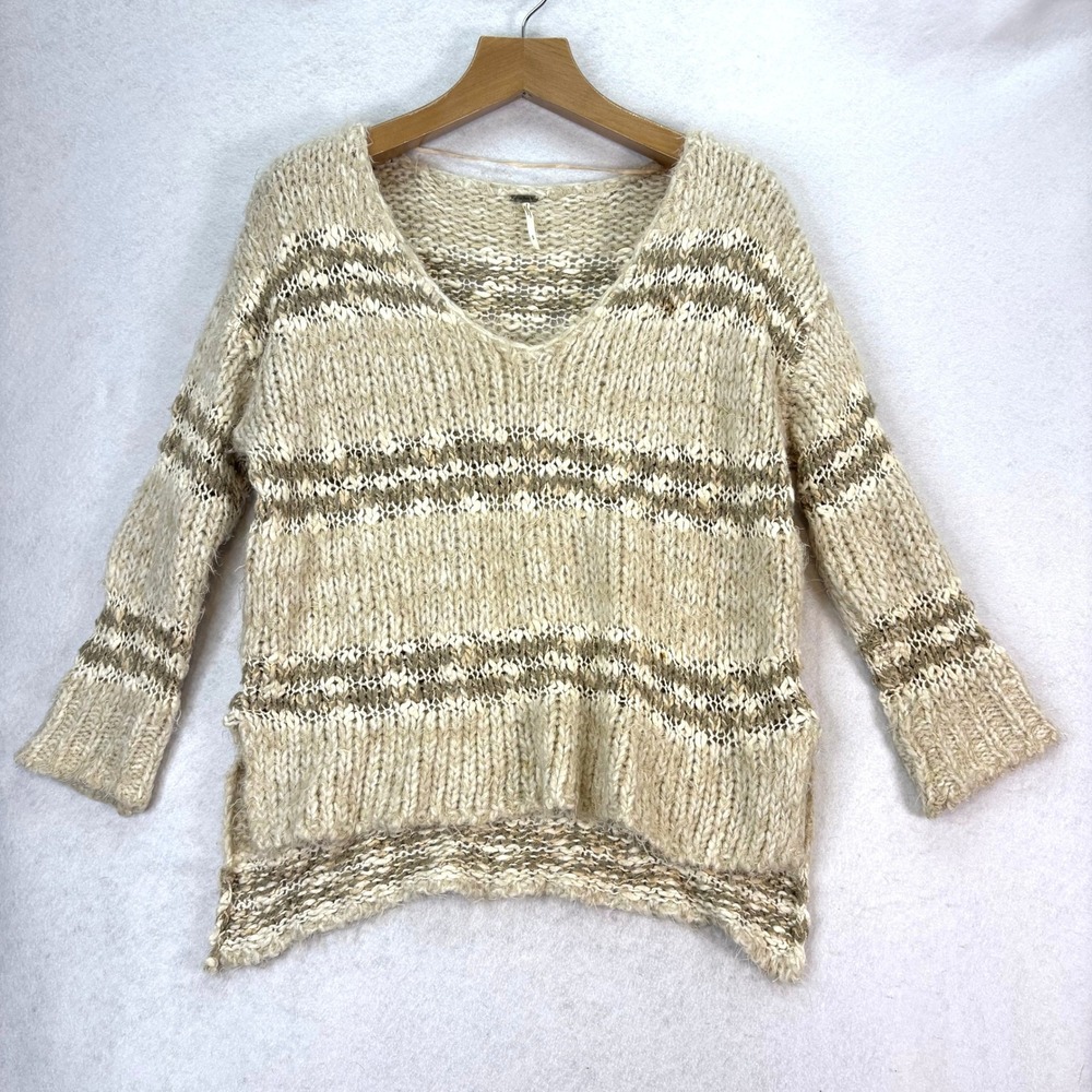 Free People Linus Stripe Natural Combo Wool Blend Knit Pullover Sweater Womens S